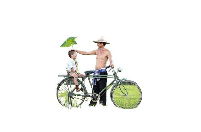 father, son, bicycle