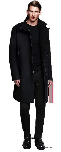 man, in black, coat